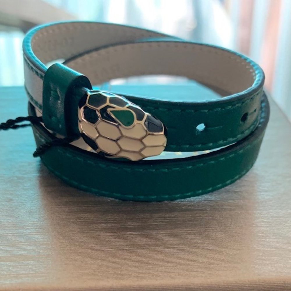 Bvlgari Green Leather Serpenti Double Coiled Bracelet